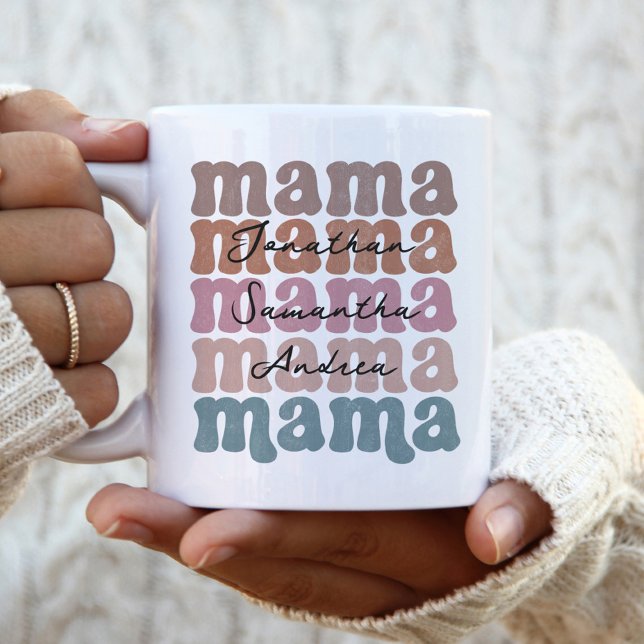 Mama Mother's Day Custom Kids Names Retro  Two-Tone Coffee Mug (Creator Uploaded)