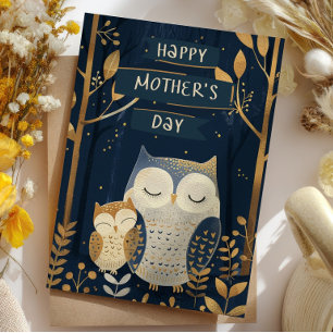 Mama Owl with Her Owlet Woodland Mother's Day Holiday Card