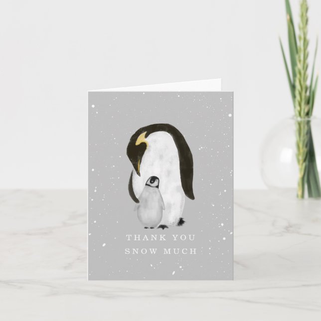 Mama Penguin Grey Winter Neutral Baby Shower Thank You Card (Front)