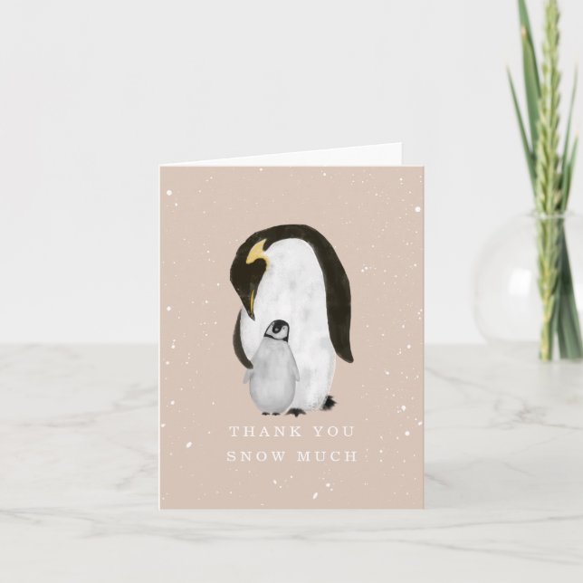Mama Penguin Pink Winter Girl Baby Shower Thanks Thank You Card (Front)