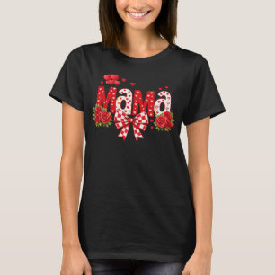 Mama Red Rose Hearts and Chequered Bow Graphic T-Shirt