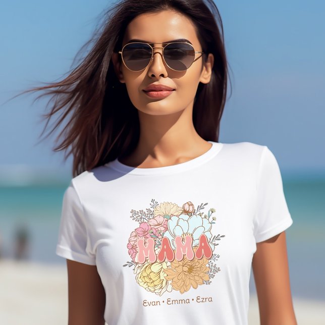 Mama Retro Floral Pastel Mum Children Kids Names T-Shirt (Mama Retro Floral Pastel Mom Children Kids Names T-Shirt)