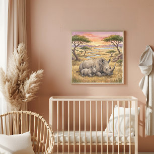 Mama Rhino and Calf Nursery Poster