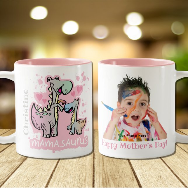Mama Saurus Happy Mother's Day Photo Personalised Two-Tone Coffee Mug (Creator Uploaded)