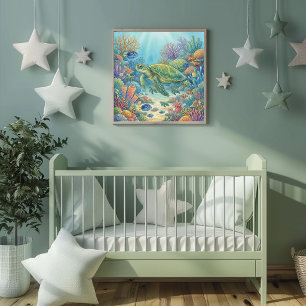 Mama Sea Turtle and Hatchlings Nursery Poster
