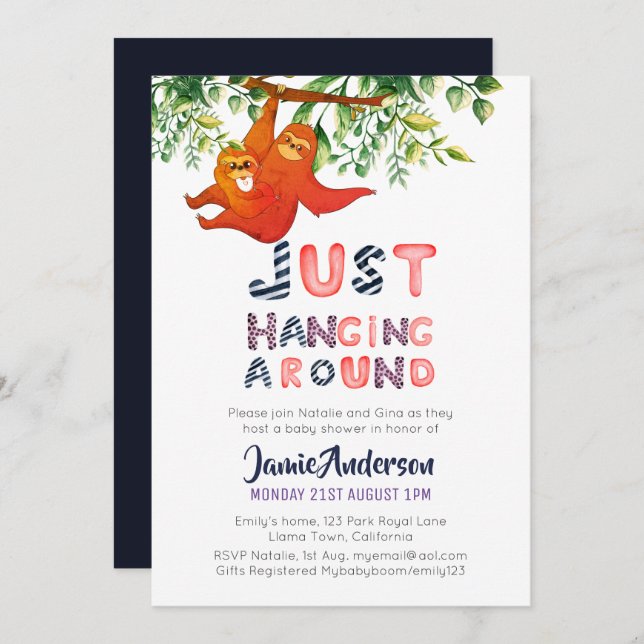 Mama SLOTH Just Hanging Around Blue Baby Boy Invitation (Front/Back)
