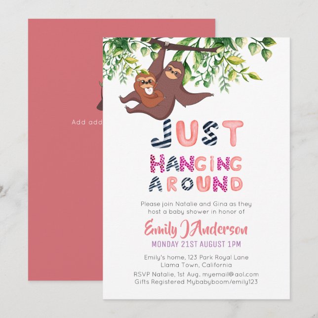 Mama SLOTH Just Hanging Around Pink Baby Girl Invitation (Front/Back)