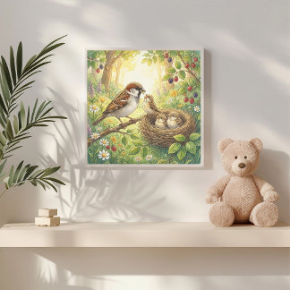 Mama Sparrow and Chicks Nursery Poster