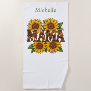 Mama Sunflowers Monogram Name Initials, Gift Mum Beach Towel