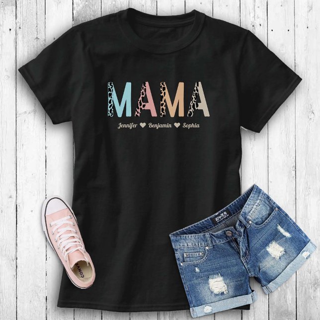 Mama Tiger Personalised Mother Gift Children Names T-Shirt (personalized mom shirt tiger mama pattern retro colors pastel elegant classy chic custom gift)