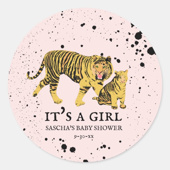 Mama Tiger Pink Girl Baby Shower Classic Round Sticker (Front)
