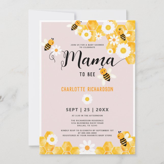 Mama To Bee Cute Daisy Bumble Bee Baby Shower Invitation (Front)