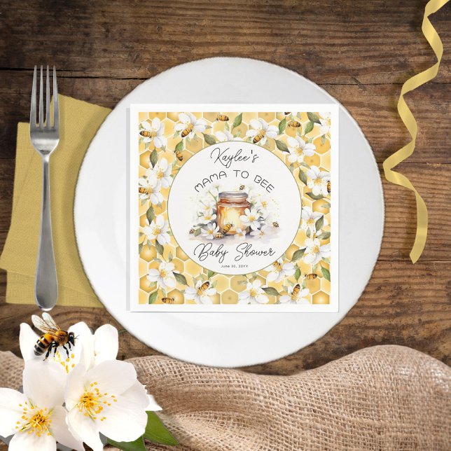 Mama to Bee Flowers and Bees Honey Baby Shower Napkin (Creator Uploaded)