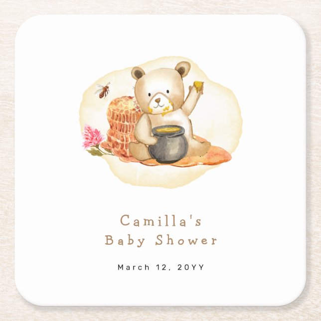 Mama To Bee Teddy Bear Honeycomb Baby Shower  Square Paper Coaster (Front)