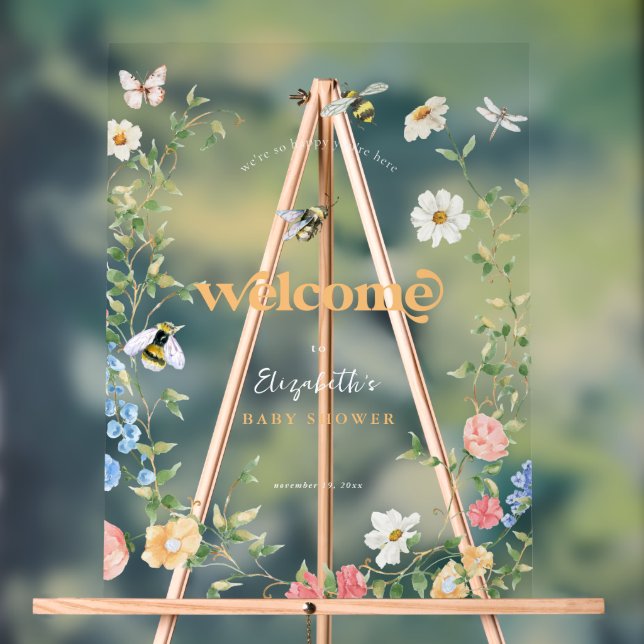 Mama to Bee Wildflower Baby Shower Welcome Acrylic Sign (Neutral)