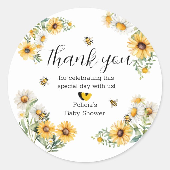Mama to Bee Yellow flowers Bumblebee Baby Shower  Classic Round Sticker (Front)