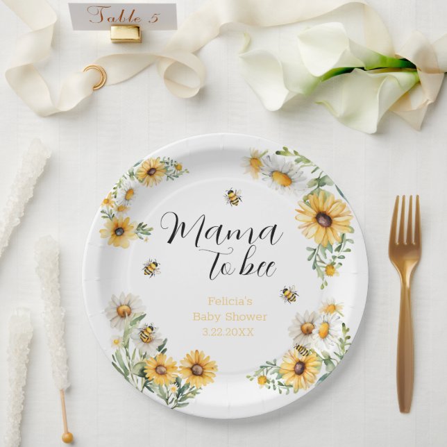 Mama to Bee Yellow flowers Bumblebee Baby Shower  Paper Plate (Wedding)