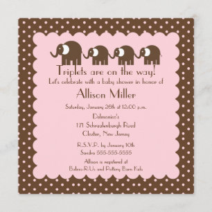 Mama & triplet Girls Baby Elephant Baby Shower Invitation