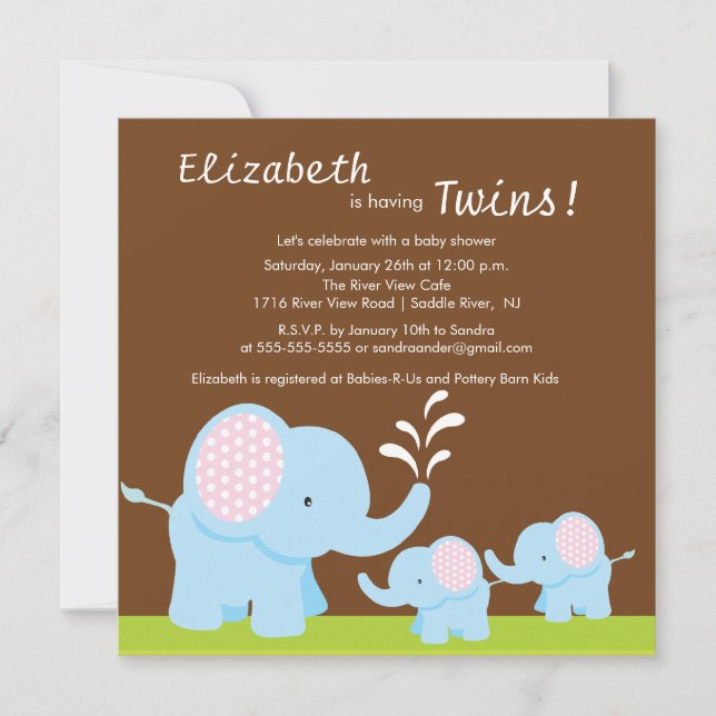 Mama & Twin Elephants Baby Shower Boy or Girl Invitation (Front)