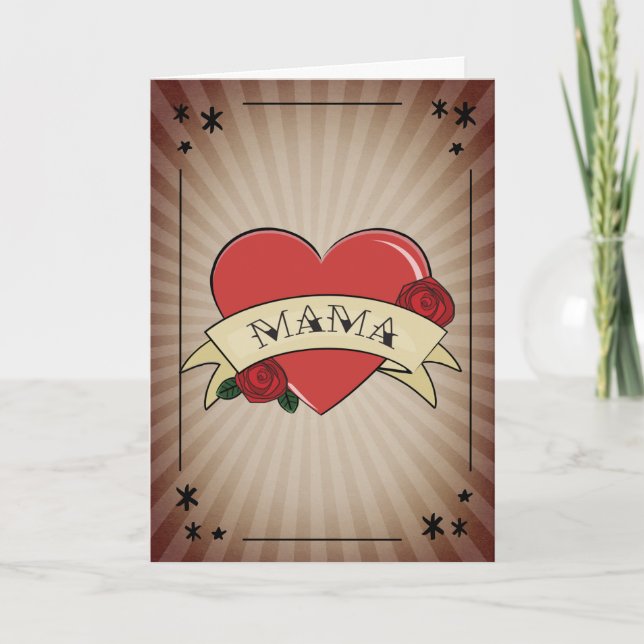Mama Vintage Heart Rose Tattoo Mother's Day Card (Front)