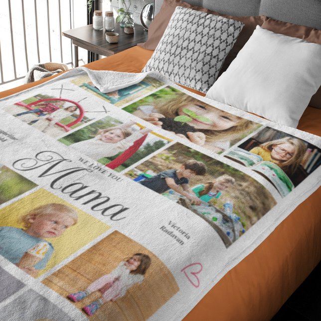 Mama We Love You Personalised Hearts Fleece Blanket (Mama large fleece blanket with custom photos and text.)