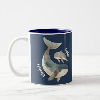Mama Whale& Calf with Name Navy Blue Mother's Day Two-Tone Coffee Mug