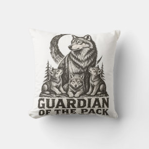Mama Wolf and Pups Forest Moon Nature Graphic Cushion
