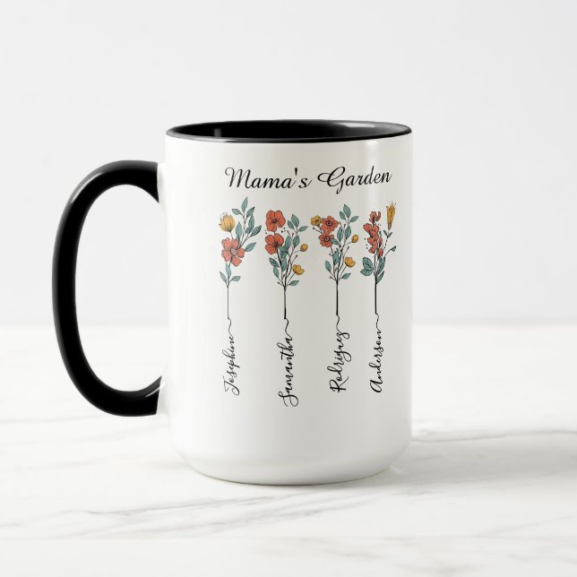 Mama's Garden Custom 4 Names Floral Gift for Mum Mug (Left)