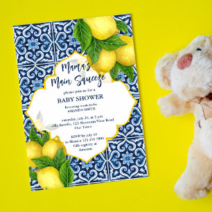 Mama's Main Squeeze baby shower lemons blue tiles Invitation
