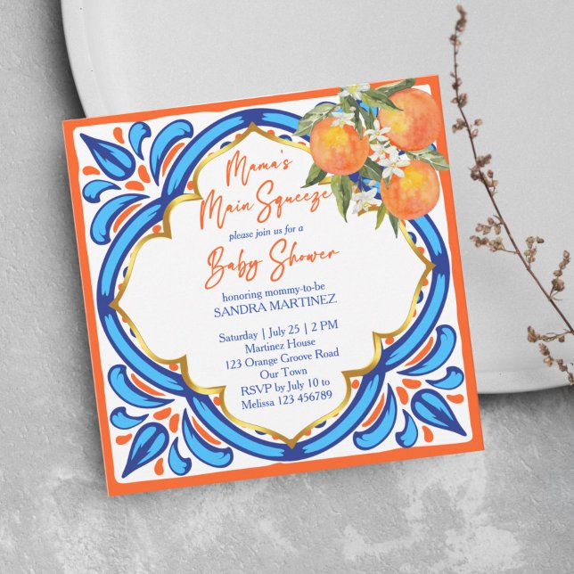 Mama's Main Squeeze baby shower orange blue invite (Creator Uploaded)