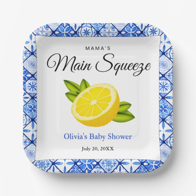 Mama's Main Squeeze Blue Tile Lemon Baby Shower  Paper Plate (Front)