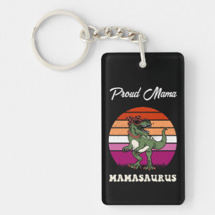 Mamasaurus Funny Dinosaur on Lesbian Flag Sunset Key Ring