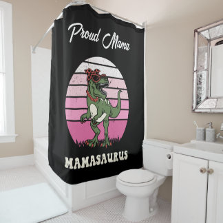 Mamasaurus Funny Dinosaur on Pink Colours Sunset Shower Curtain