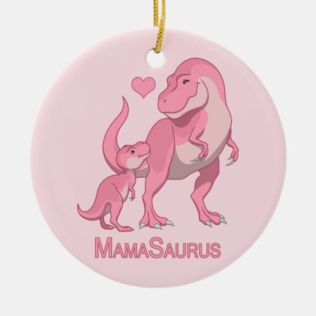 MamaSaurus T-Rex and Baby Girl Dinosaurs Ceramic Tree Decoration (Front)