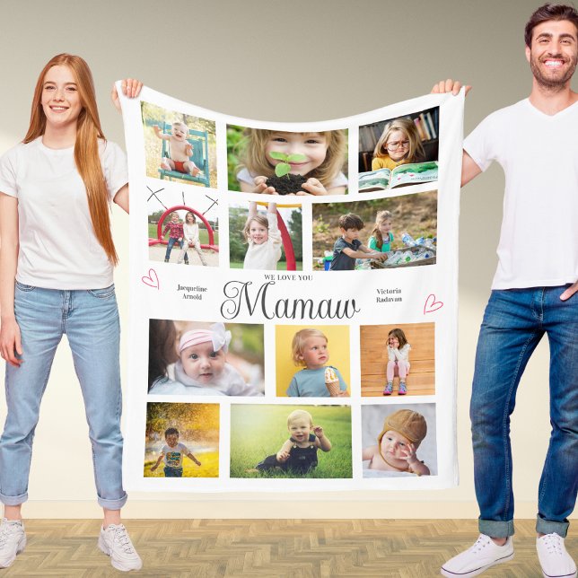 Mamaw We Love You Personalised Hearts Modern Fleece Blanket (Mamaw custom fleece blanket with 12 of your own photos and personalized text.)