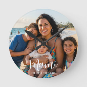 Mami Established Modern White Script Photo Round Clock