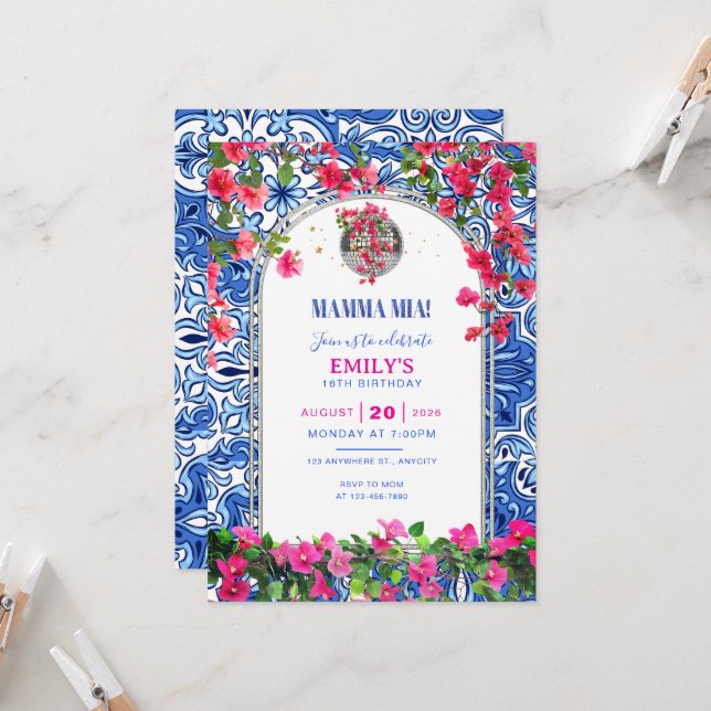 Mamma Mia Themed Birthday Invitation Template (Front/Back In Situ)