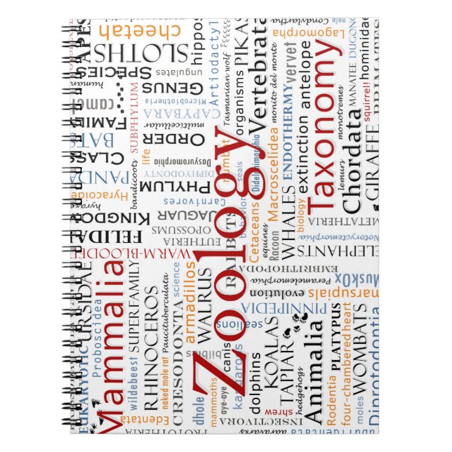 Mammals in Typography Spiral Notebook (Front)