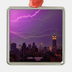 Mammoth Lightning Strike Over Midtown NYC Skyline Metal Tree Decoration