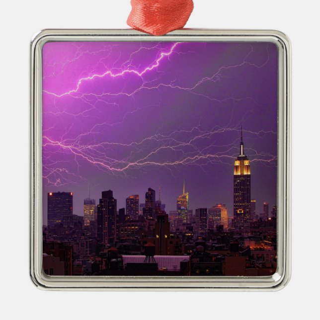 Mammoth Lightning Strike Over Midtown NYC Skyline Metal Tree Decoration (Front)