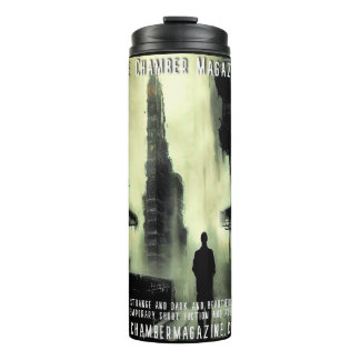 man and cyberpunk cityscape The Chamber Magazine Thermal Tumbler