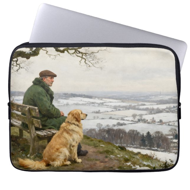 Man and Dog Enjoying Winter Countryside Vista Laptop Sleeve (Front)