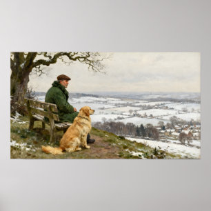 Man and Dog Enjoying Winter Countryside Vista Poster