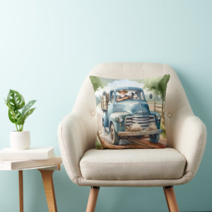 Man and Dog In Old Blue Truck Cushion