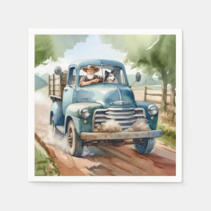 Man and Dog In Old Blue Truck Napkin