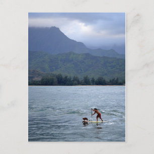 Man and Dog on Paddleboard in Hanalei Bay Postcard