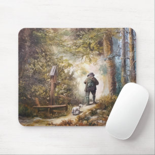 Man and Dog Walking a Forest Path Mouse Pad