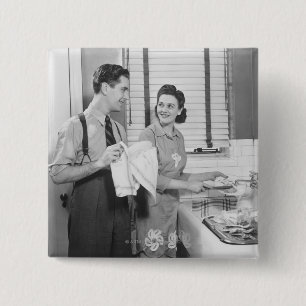Man and Woman Doing Dishes 15 Cm Square Badge