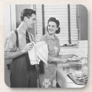 Man and Woman Doing Dishes Coaster