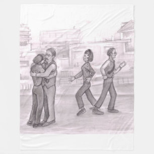 Man and Woman Hug Outside on the Street Then Walk  Fleece Blanket